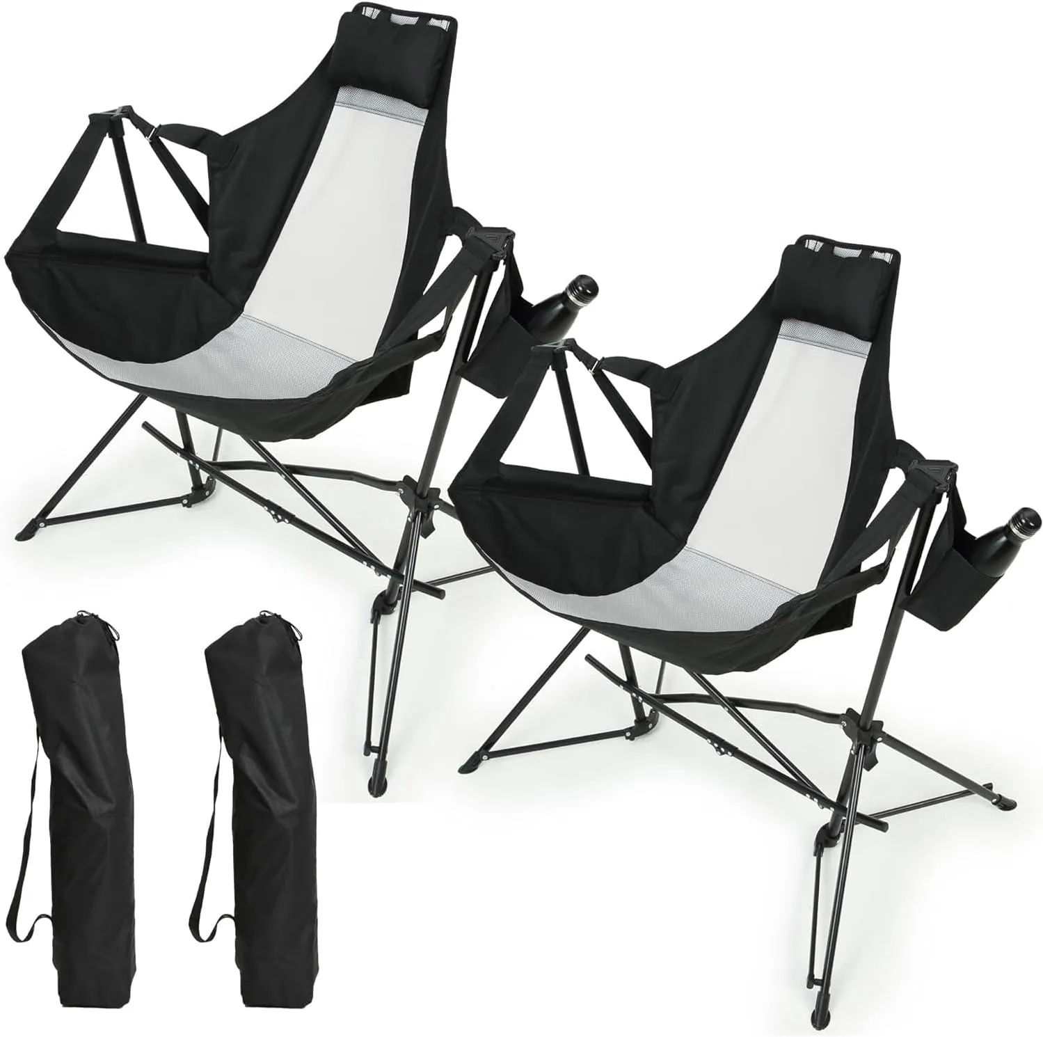Hammock Camping Chair for Relaxation, Portable Rocking Chair with Adjustable Backrest, Pillow and Cup Holder, for Outdoor Travel