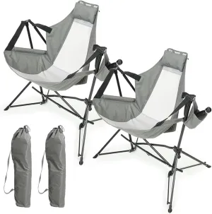 Hammock Camping Chairs (2 Pack), Folding Portable Rocking Chairs, Aluminum Alloy Adjustable Back Swing for Outdoor Travel, Lawn, Backyard, Grey