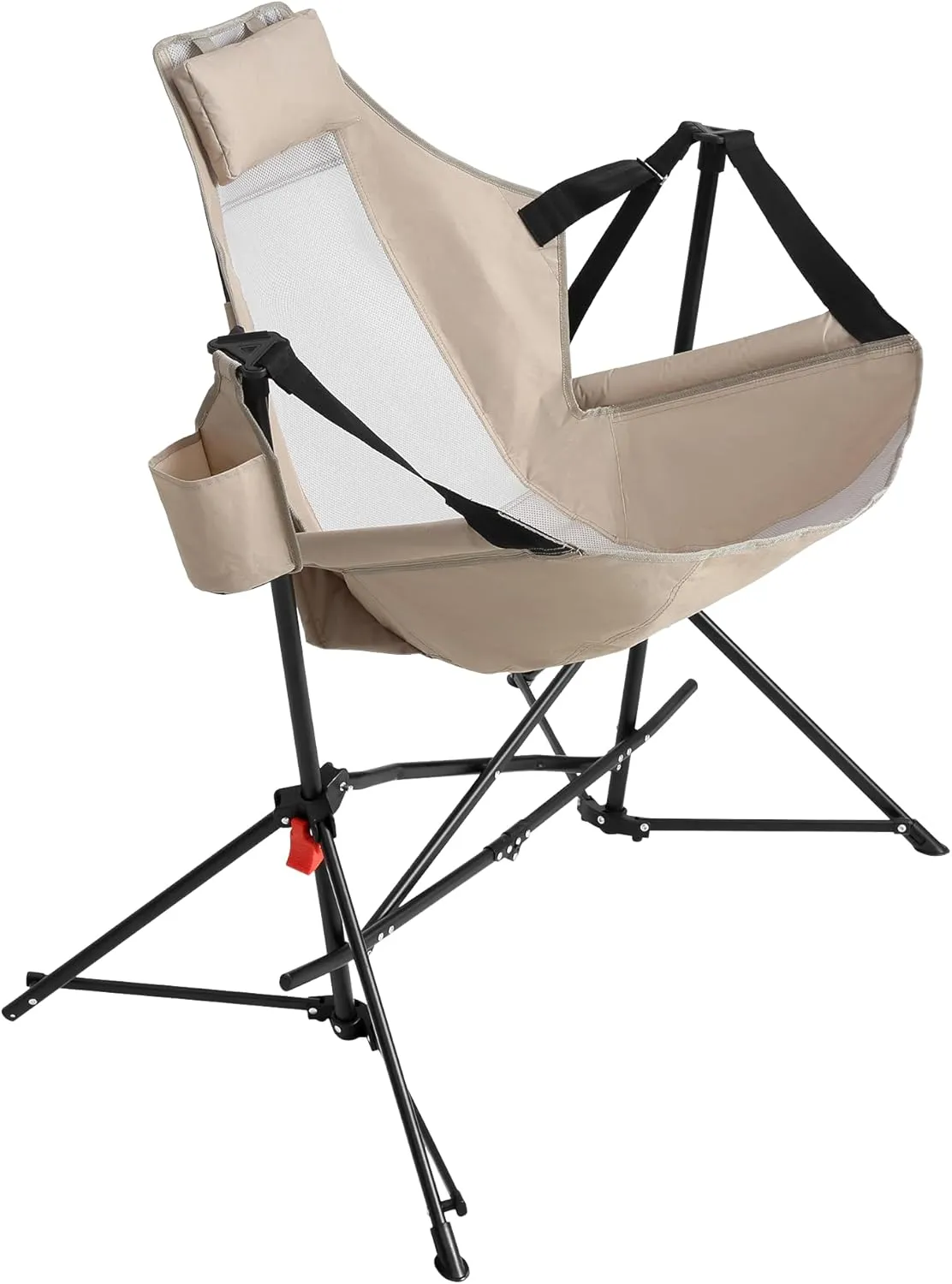 Hammock Camping Swinging Chair, Portable Folding Rocking Seat with Adjustable Back, Cup Holder and Carry Bag, Heavy Duty Capacity for Outdoor, Lawn, Backyard, Travel, Khaki