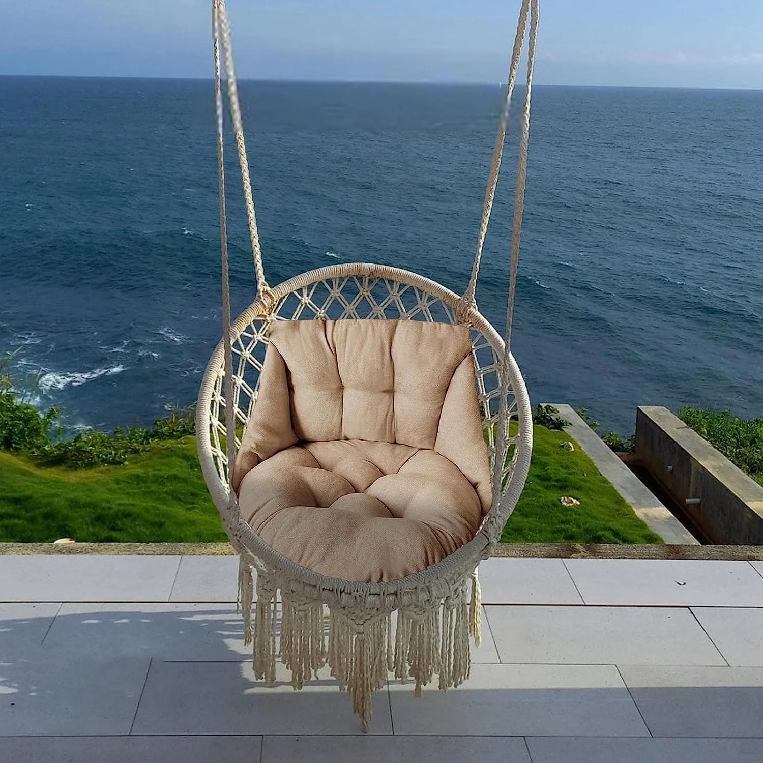 Hammock Chair, Hanging Basket Seat, Washable Wicker Outdoor Swing Cushions, Waterproof & Sun-Resistant, Light Coffee