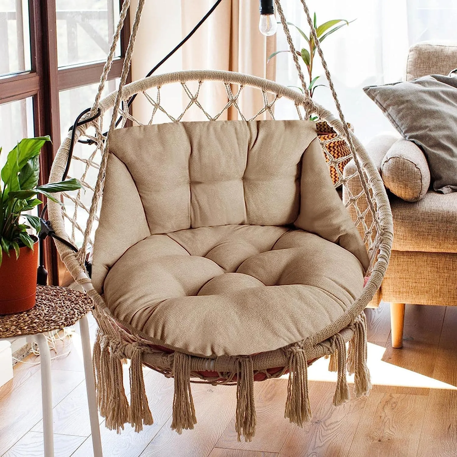 Hammock Chair, Hanging Basket Seat, Washable Wicker Outdoor Swing Cushions, Waterproof & Sun-Resistant, Light Coffee