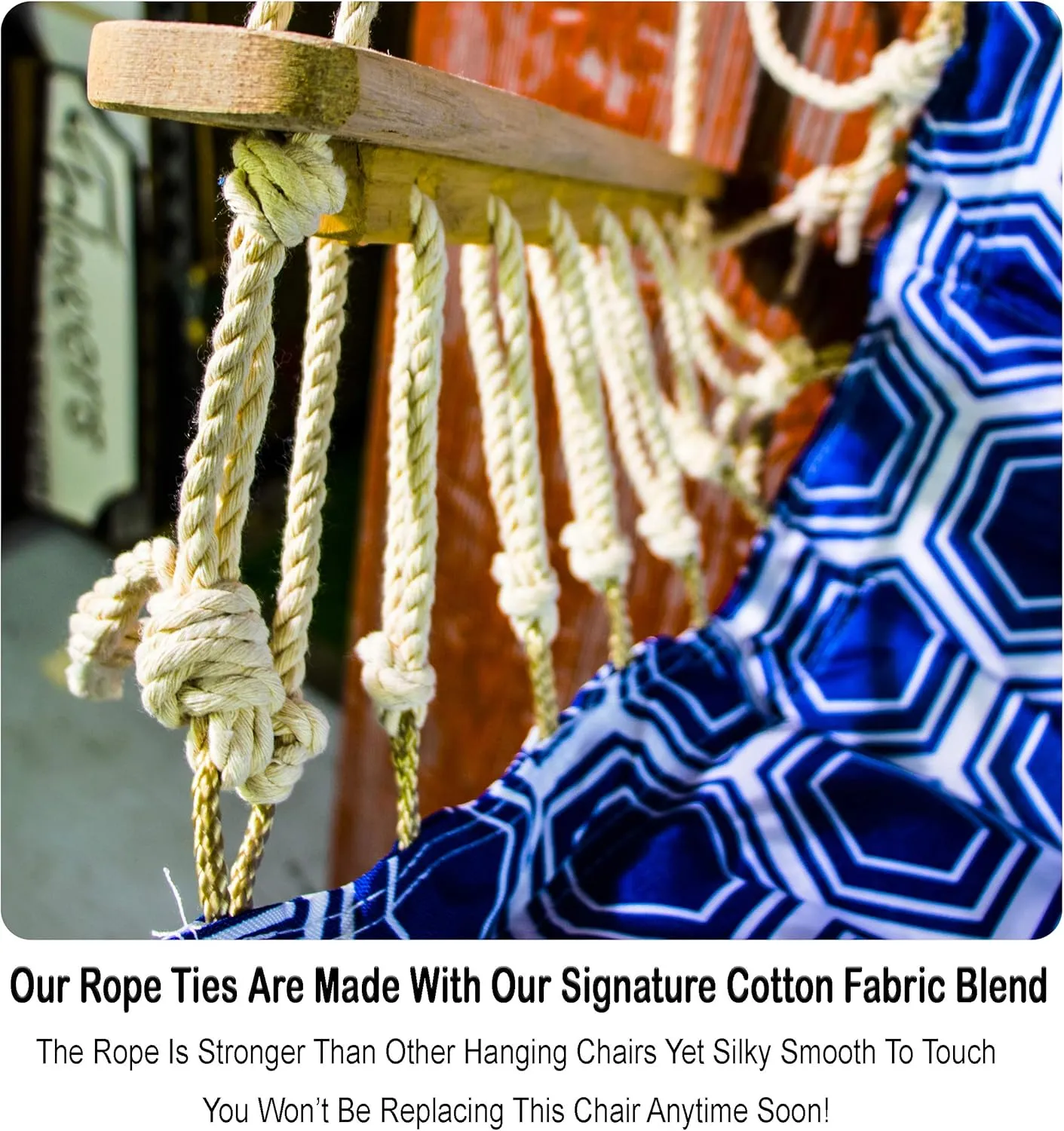 Hammock Chair Hanging Rope Swing, *12 Patterns, Quality Comfortable and Breathable Fabric - Indoor/Outdoor - Navy w/White Rings