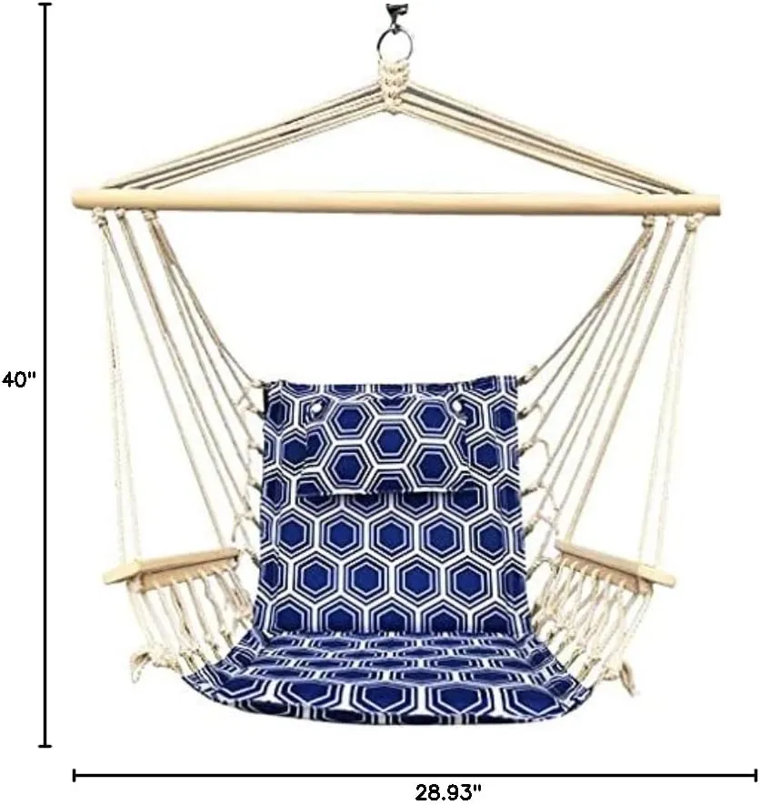 Hammock Chair Hanging Rope Swing, *12 Patterns, Quality Comfortable and Breathable Fabric - Indoor/Outdoor - Navy w/White Rings