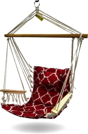 Hammock Chair Hanging Rope Swing, *12 Patterns, Quality Comfortable and Breathable Fabric - Indoor/Outdoor - Red Geometric Pattern
