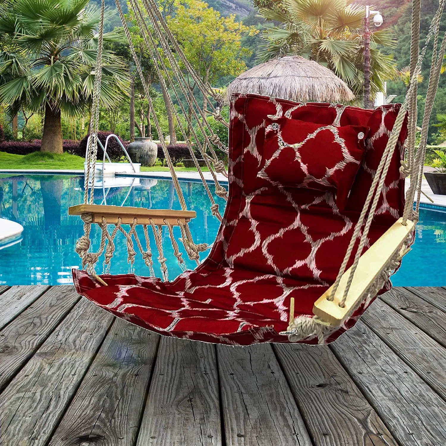 Hammock Chair Hanging Rope Swing, *12 Patterns, Quality Comfortable and Breathable Fabric - Indoor/Outdoor - Red Geometric Pattern