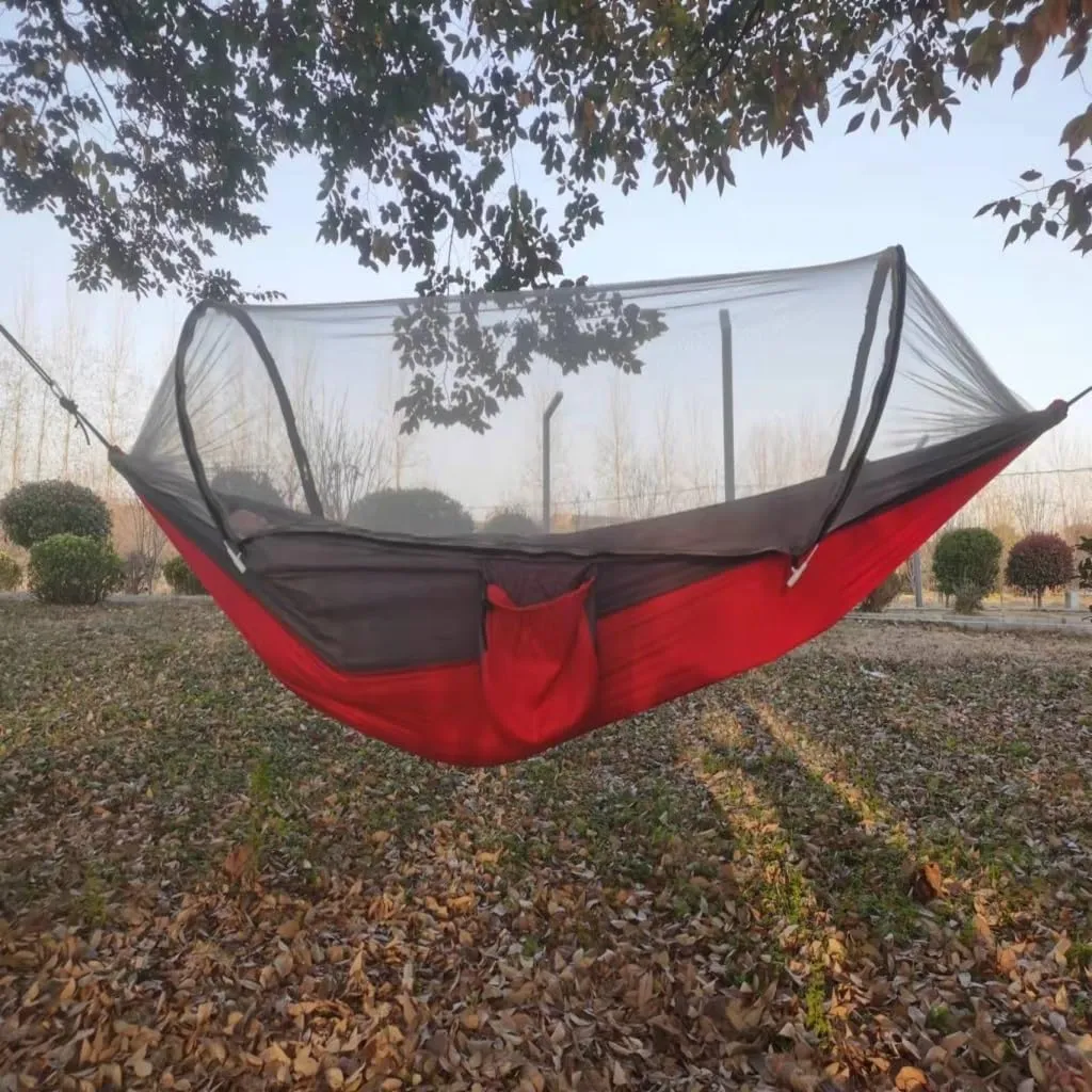 Hammock Double Automatic Mosquito Net, Anti-Rollover Hammock, Parachute, Bunis Spinning Camping Leisure Double Hanging Chair Hammock Outdoor(Red)