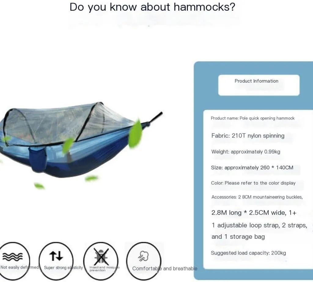 Hammock Double Outdoor Fully Automatic Quick-Opening Hammock with Mosquito Net, Outdoor Nylon Cloth Camping Pole Hammock Hammock Outdoor(Brown)