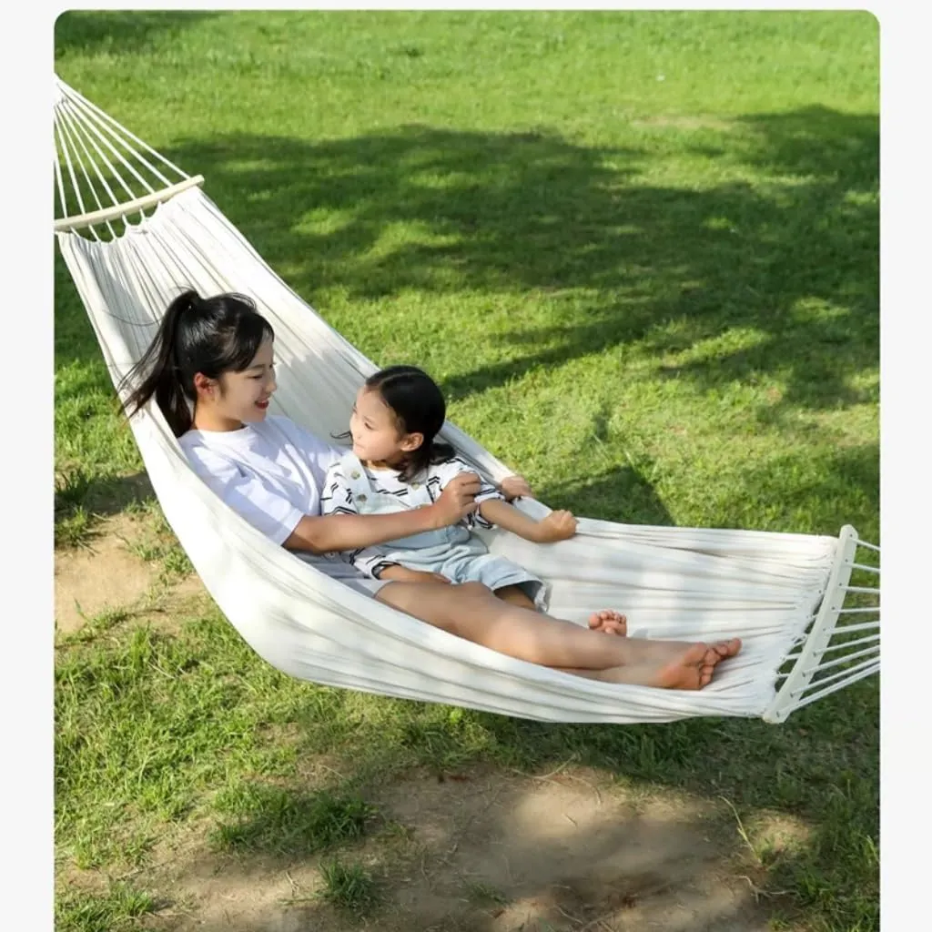 Hammock Double Thickened Canvas Hammock Outdoor Anti-Rollover Single Double Swing Hand-Woven Canvas Hammock with Curved Stick Hammock Outdoor(Beige,A)