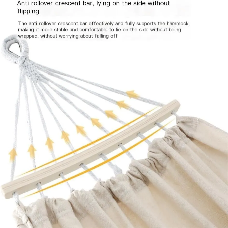 Hammock Double Thickened Canvas Hammock Outdoor Anti-Rollover Single Double Swing Hand-Woven Canvas Hammock with Curved Stick Hammock Outdoor(Beige,A)