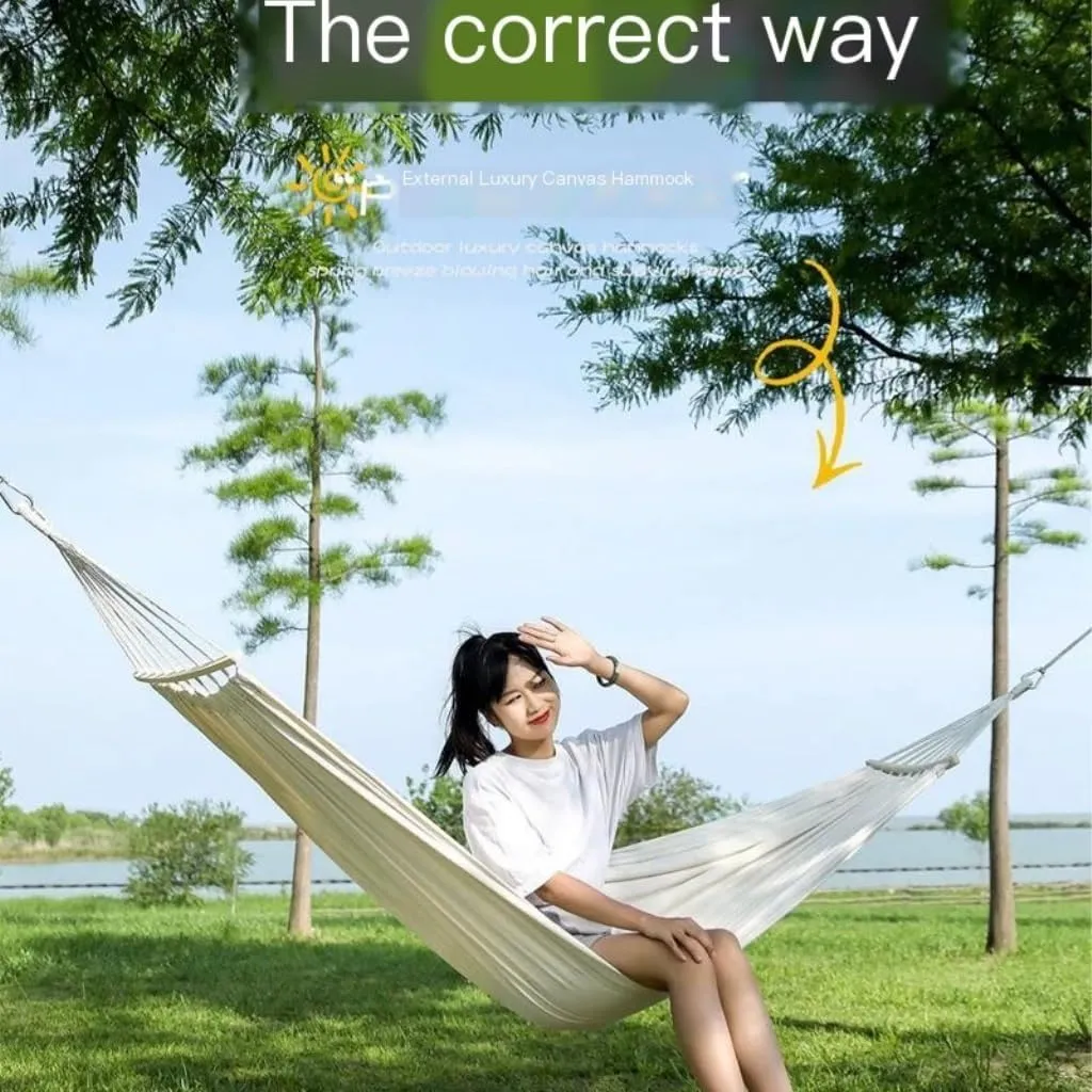 Hammock Double Thickened Canvas Hammock Outdoor Anti-Rollover Single Double Swing Hand-Woven Canvas Hammock with Curved Stick Hammock Outdoor(Beige,A)