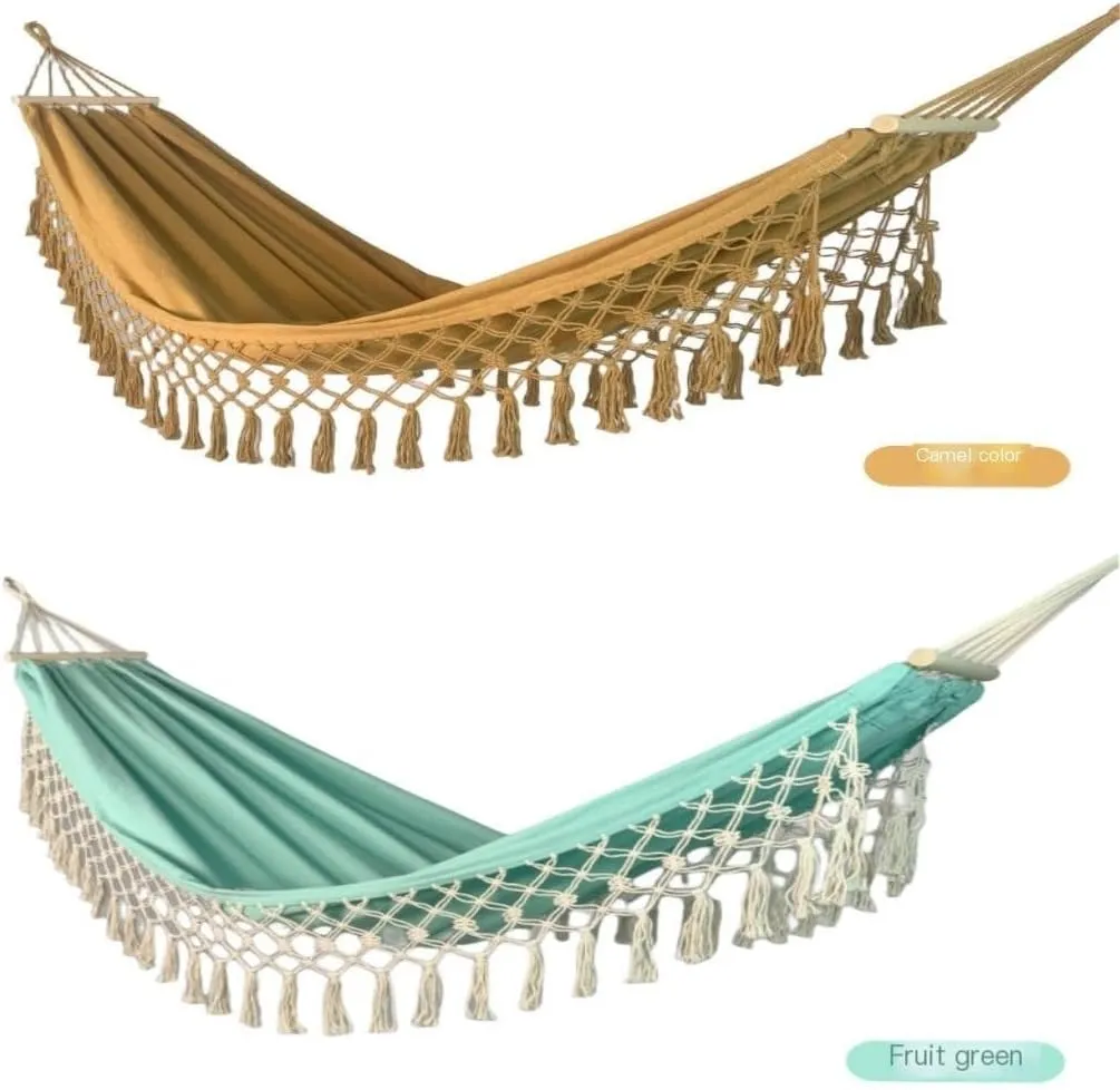 Hammock Double Wooden Stick Anti-Rollover Canvas Hammock Outdoor Supplies Indoor Swing Camping Exotic Style Tassel Hammock Hammock Outdoor(Yellow)