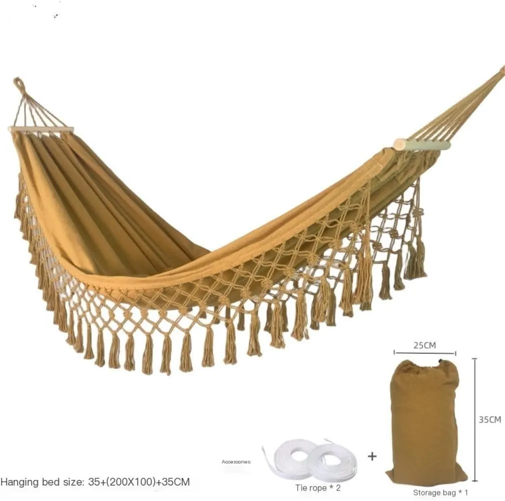 Hammock Double Wooden Stick Anti-Rollover Canvas Hammock Outdoor Supplies Indoor Swing Camping Exotic Style Tassel Hammock Hammock Outdoor(Yellow)