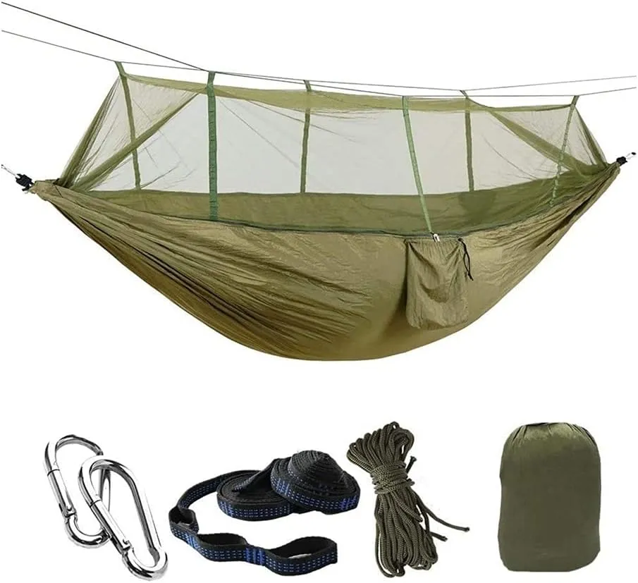 Hammock Handmade Camping Hammock with Mosquito Net Pop-Up Light Portable Outdoor Parachute Hammocks Swing Sleeping Hammock Camping Stuff Swing, Blue 260x140