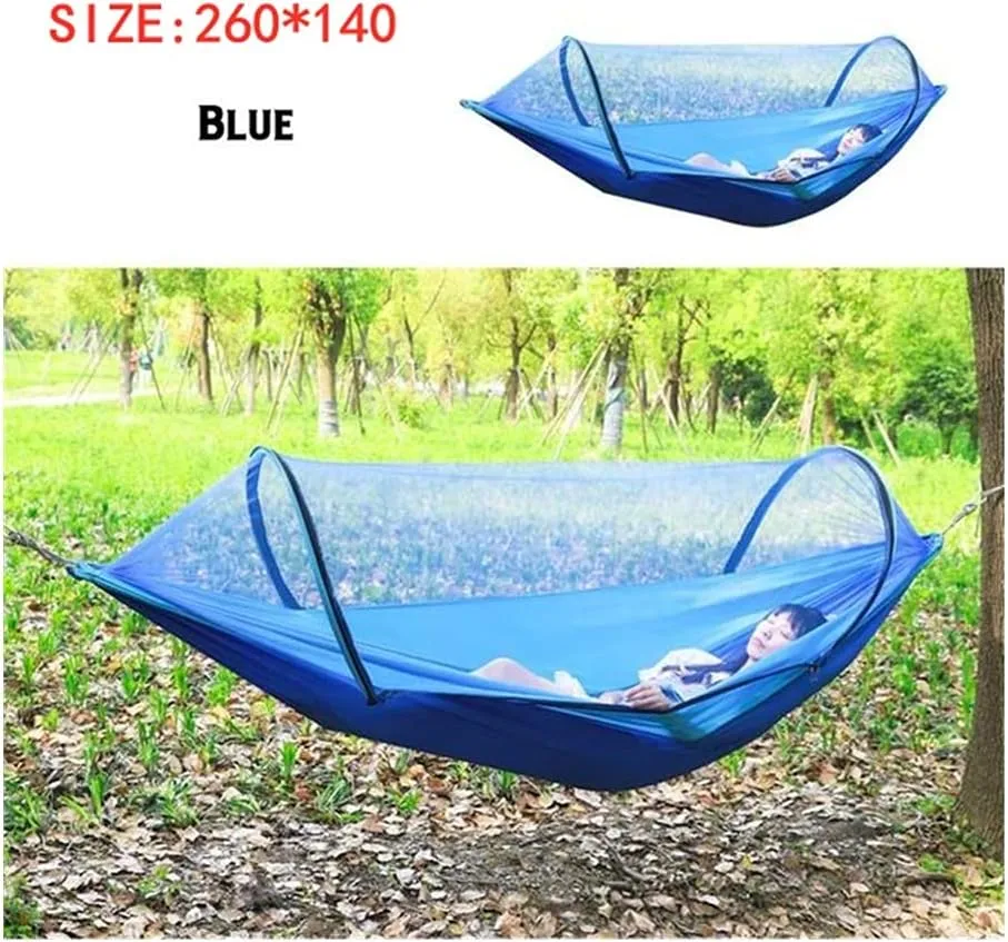 Hammock Handmade Camping Hammock with Mosquito Net Pop-Up Light Portable Outdoor Parachute Hammocks Swing Sleeping Hammock Camping Stuff Swing, Blue 260x140
