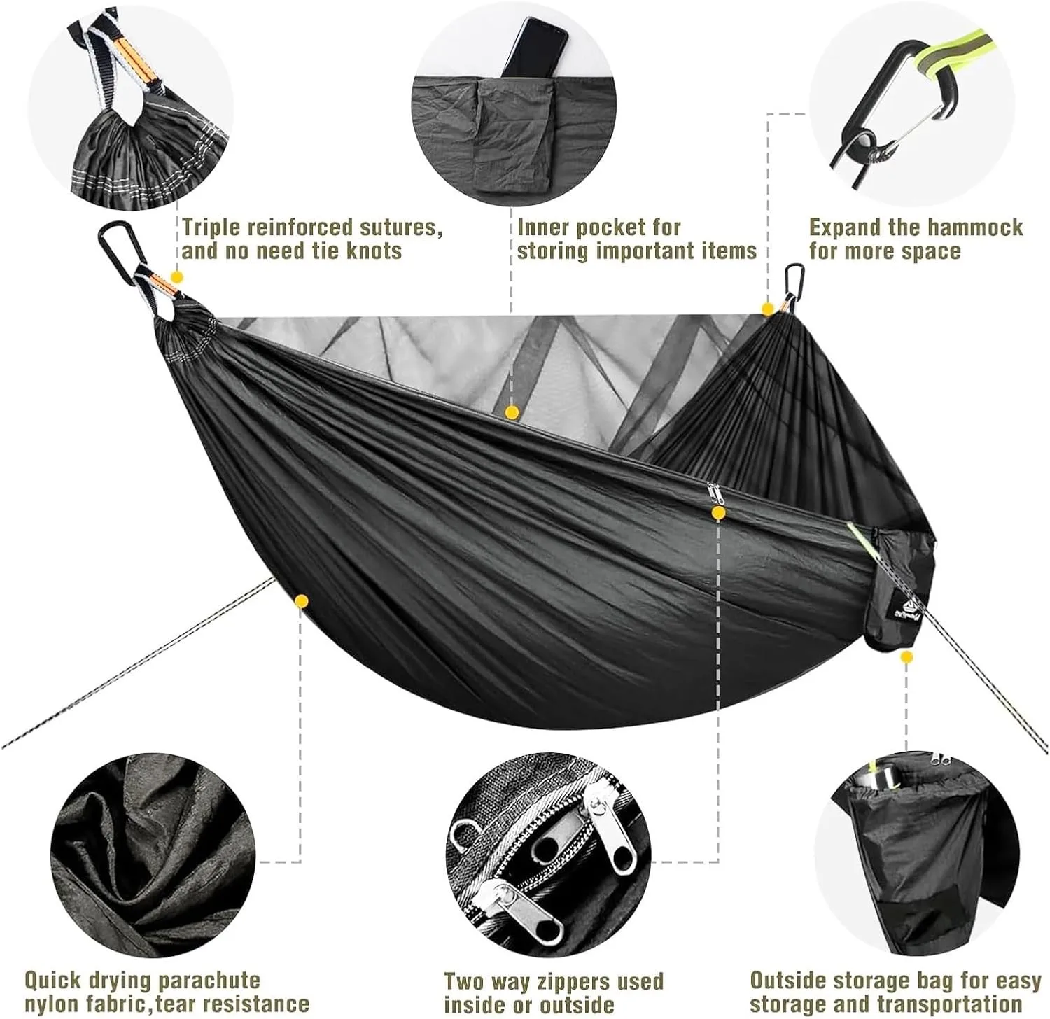 Hammock Portable Quick Setup Hammock with Mosquito Net Travel Outdoor Camping Hammock Hanging Sleeping Swing Bed with Mosquito Net Lightweight(Dark Grey)