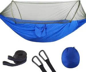 Hammock with Net Lightweight Portable Single Double Hammock Swing Sleeping Bed Outdoor Picnic Hiking Camping Backpacking Travel Backyard Beach Easy to Install Setup (Blue)