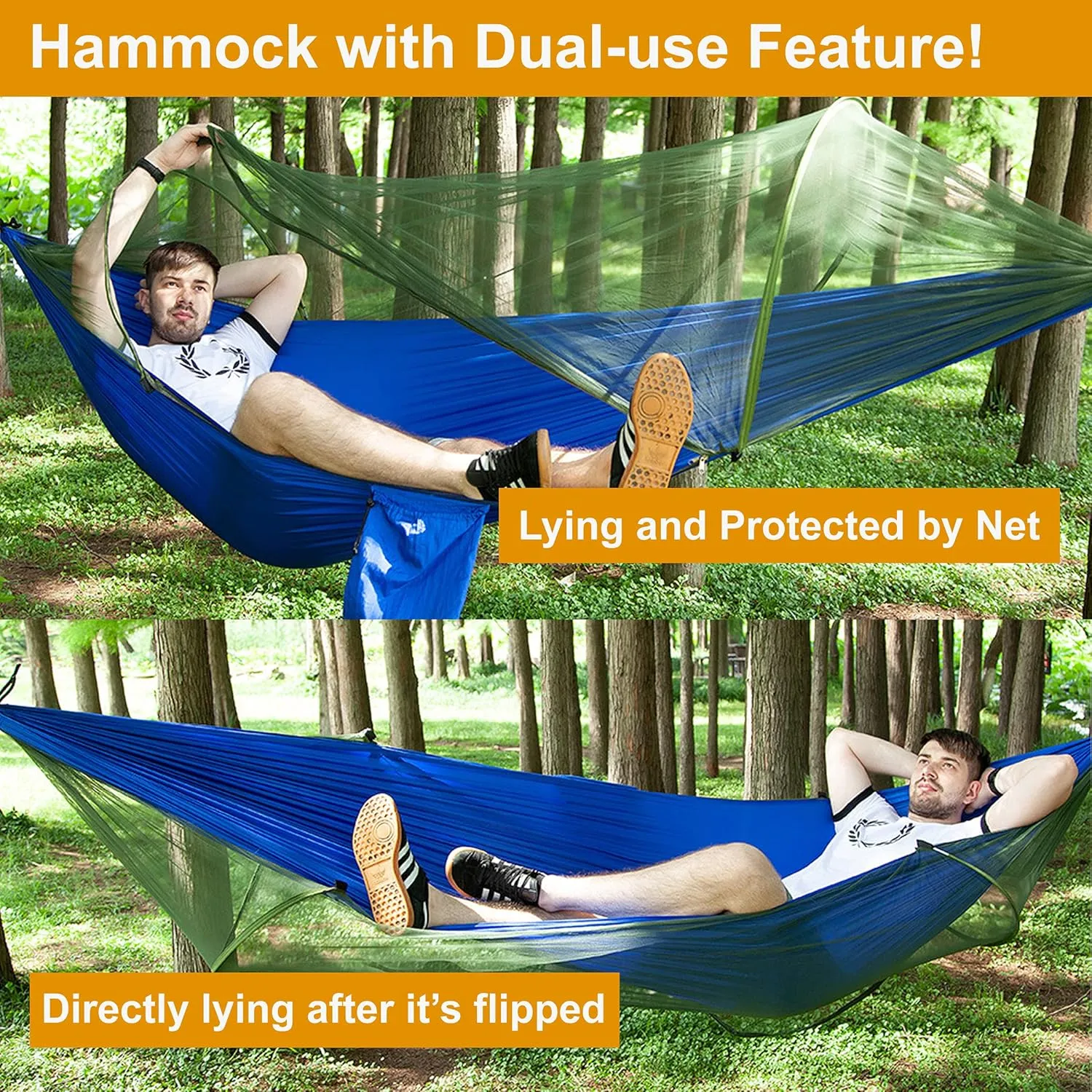 Hammock with Net Lightweight Portable Single Double Hammock Swing Sleeping Bed Outdoor Picnic Hiking Camping Backpacking Travel Backyard Beach Easy to Install Setup (Blue)