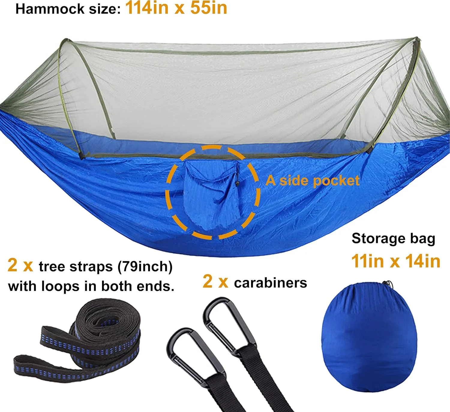 Hammock with Net Lightweight Portable Single Double Hammock Swing Sleeping Bed Outdoor Picnic Hiking Camping Backpacking Travel Backyard Beach Easy to Install Setup (Blue)