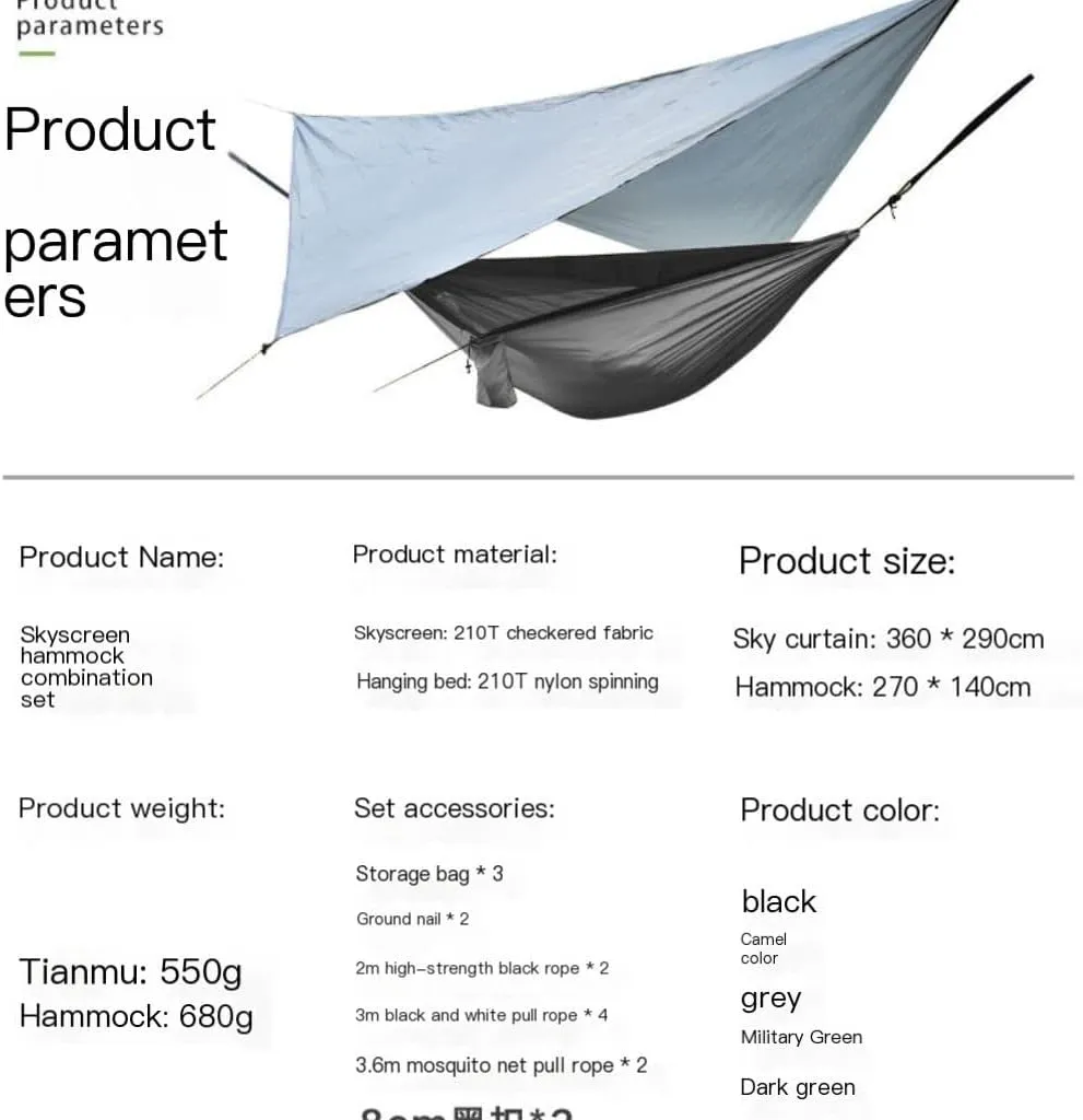 Hamock Canopy Mosquito Net Hammock Set Tent Parachute Cloth Camping Automatic Anti-Mosquito Mosquito Net Hammock Hanmock(E)