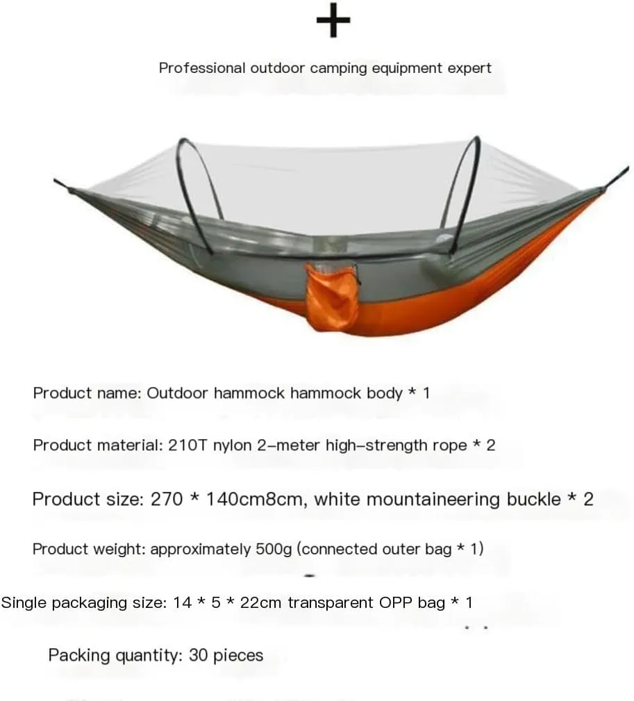 Hamock Outdoor Camping Anti-Rollover Nylon Hammock with Mosquito Net Automatic Quick-Opening Mosquito Net Hammock Hanmock(Orange)