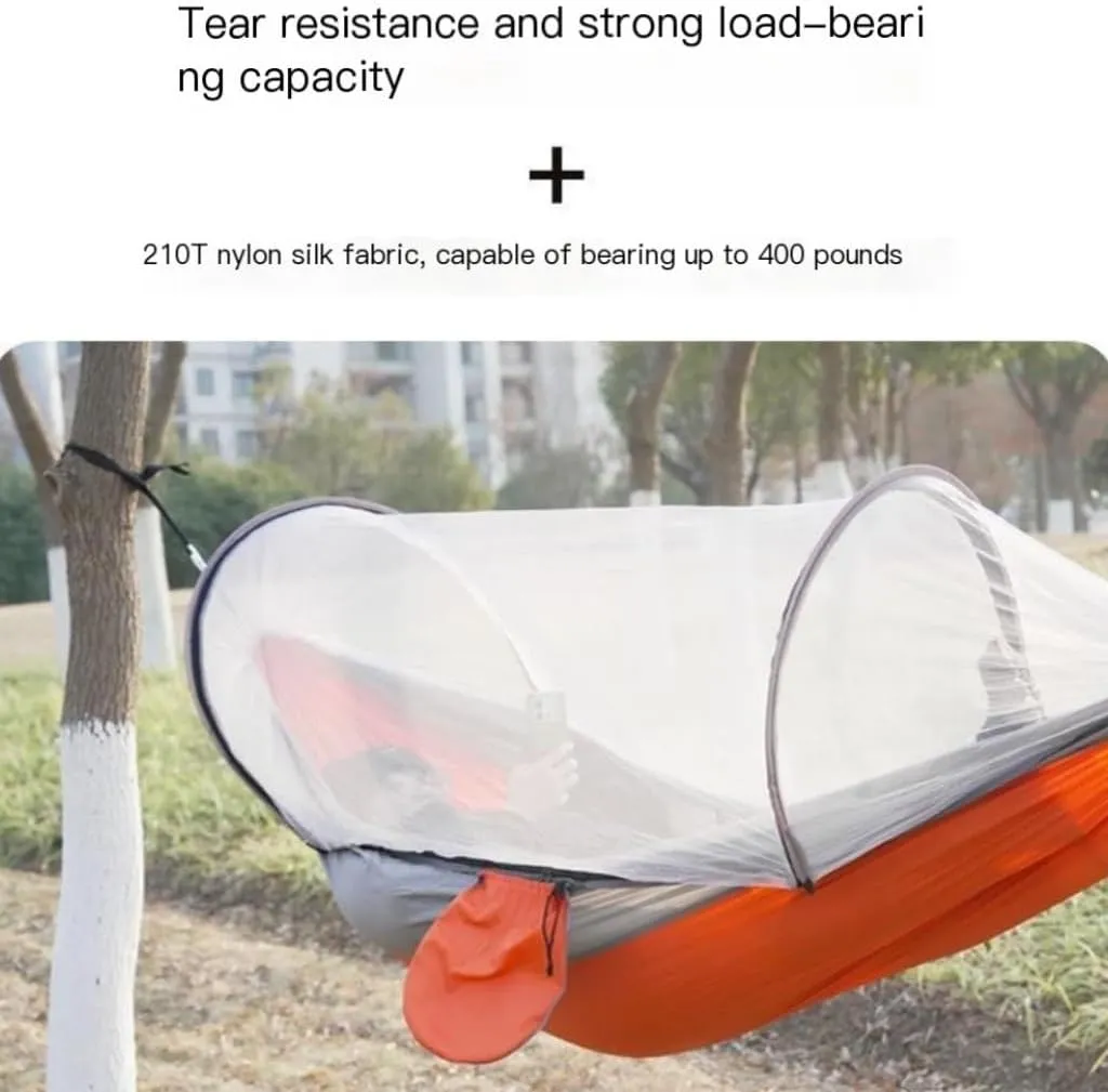 Hamock Outdoor Camping Anti-Rollover Nylon Hammock with Mosquito Net Automatic Quick-Opening Mosquito Net Hammock Hanmock(Orange)