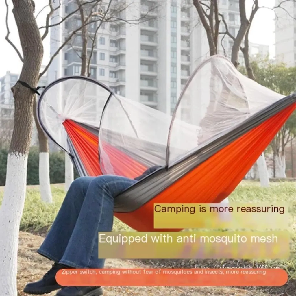 Hamock Outdoor Camping Anti-Rollover Nylon Hammock with Mosquito Net Automatic Quick-Opening Mosquito Net Hammock Hanmock(Orange)