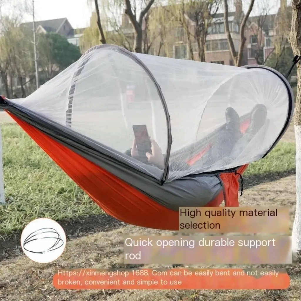 Hamock Outdoor Camping Anti-Rollover Nylon Hammock with Mosquito Net Automatic Quick-Opening Mosquito Net Hammock Hanmock(Orange)