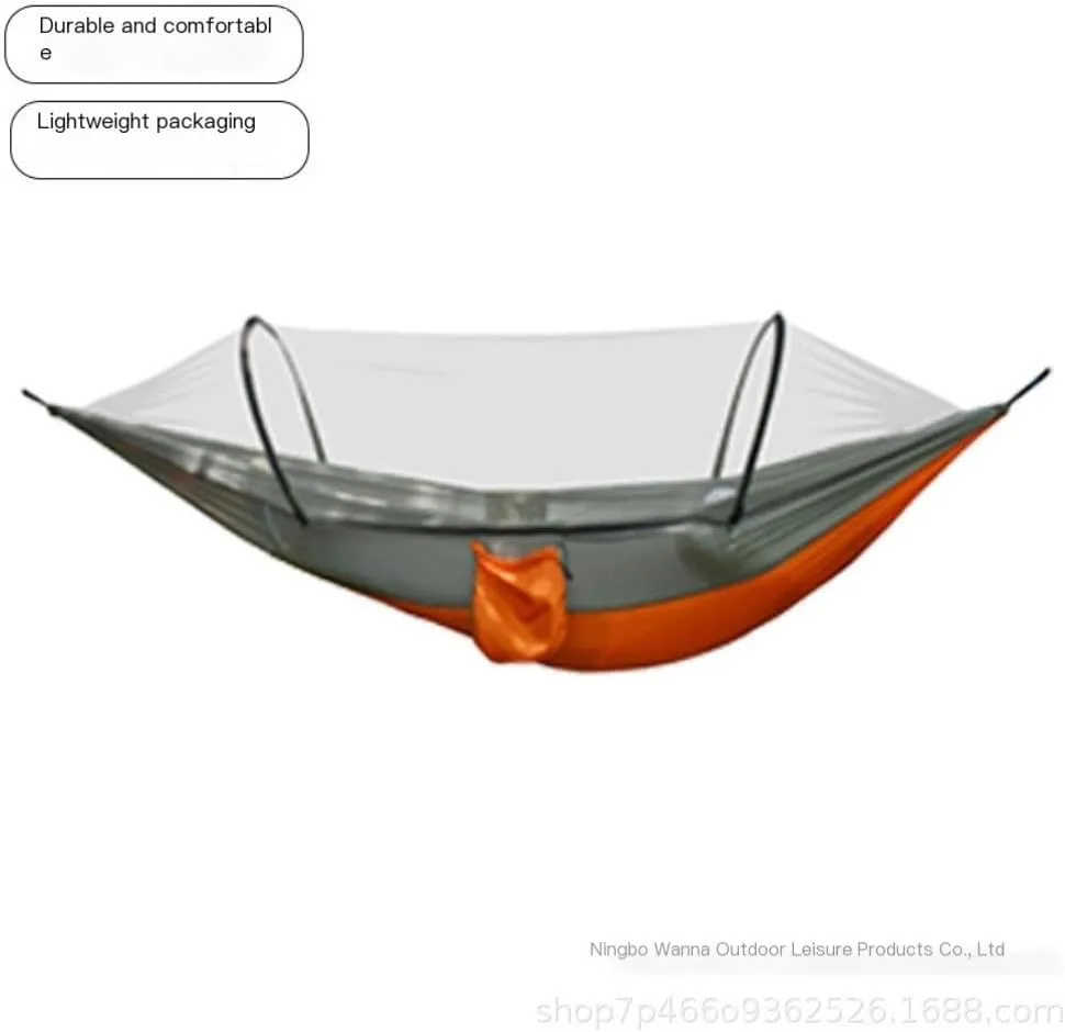 Hamock Outdoor Camping Anti-Rollover Nylon Hammock with Mosquito Net Automatic Quick-Opening Mosquito Net Hammock Hanmock(Orange)