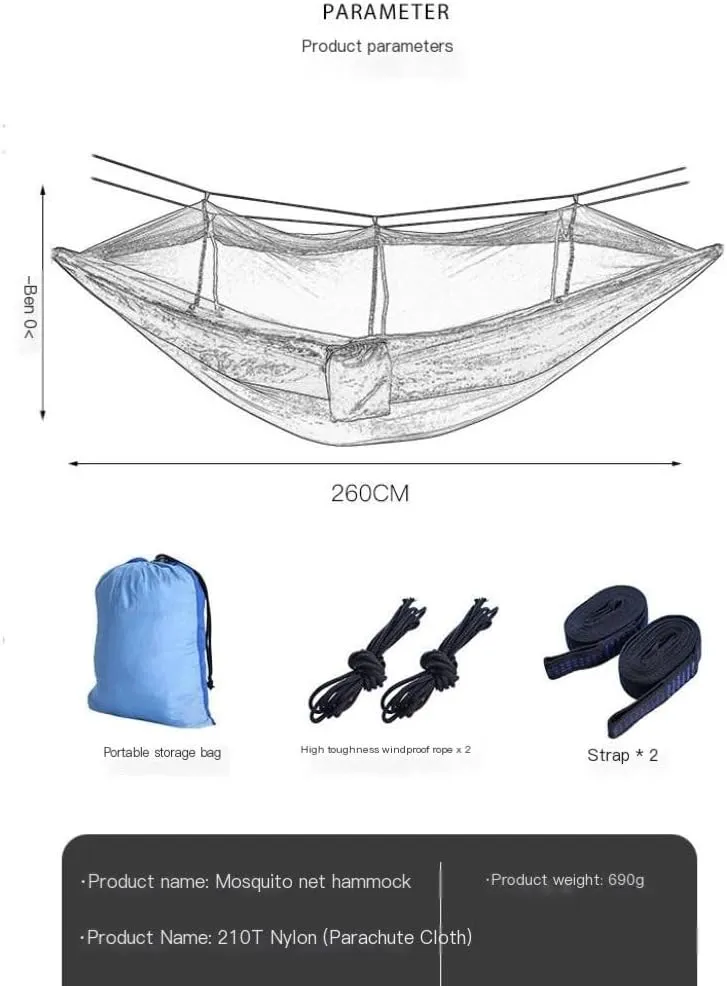 Hamock Outdoor Fully Automatic Quick-Opening Hammock with Mosquito Net, Outdoor Nylon Cloth Camping Pole Hammock Hanmock(B)