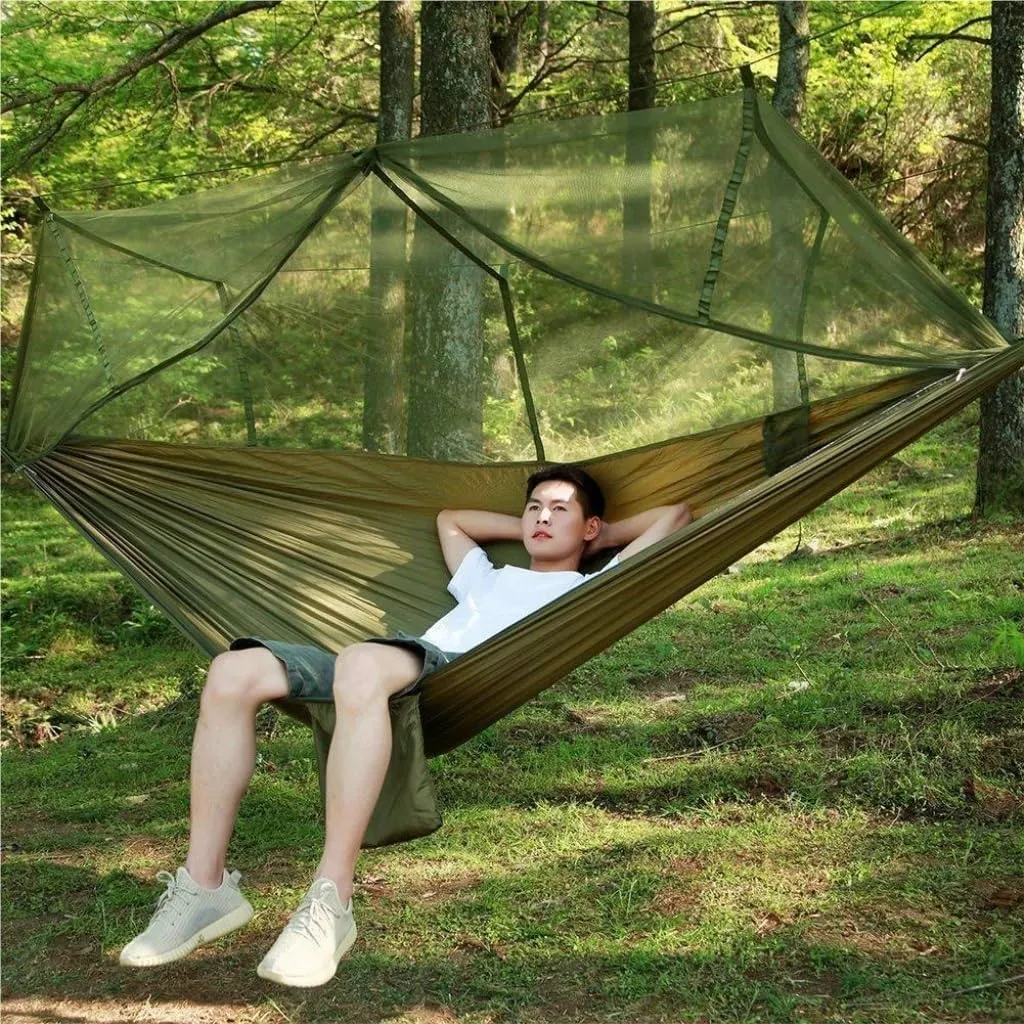 Hamock Outdoor Fully Automatic Quick-Opening Hammock with Mosquito Net, Outdoor Nylon Cloth Camping Pole Hammock Hanmock(B)