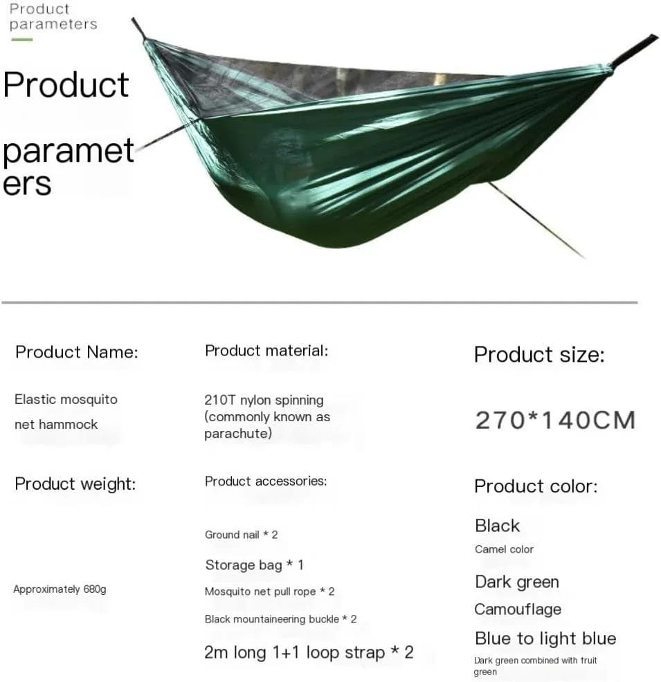 Hamock Ultra-Light Nylon Double Hammock Parachute Cloth Anti-Rollover Elastic Band Encrypted Mosquito Net Hammock Hanmock(E)