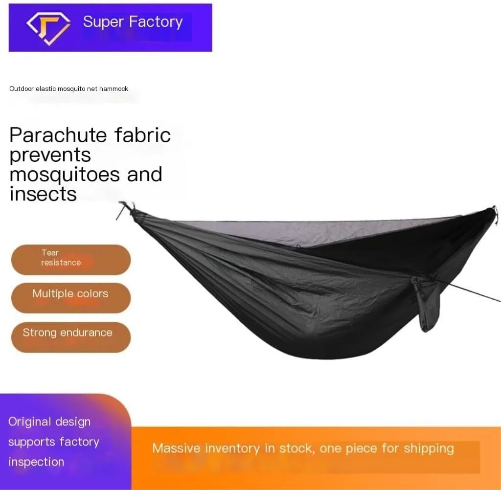 Hamock Ultra-Light Nylon Double Hammock Parachute Cloth Anti-Rollover Elastic Band Encrypted Mosquito Net Hammock Hanmock(E)