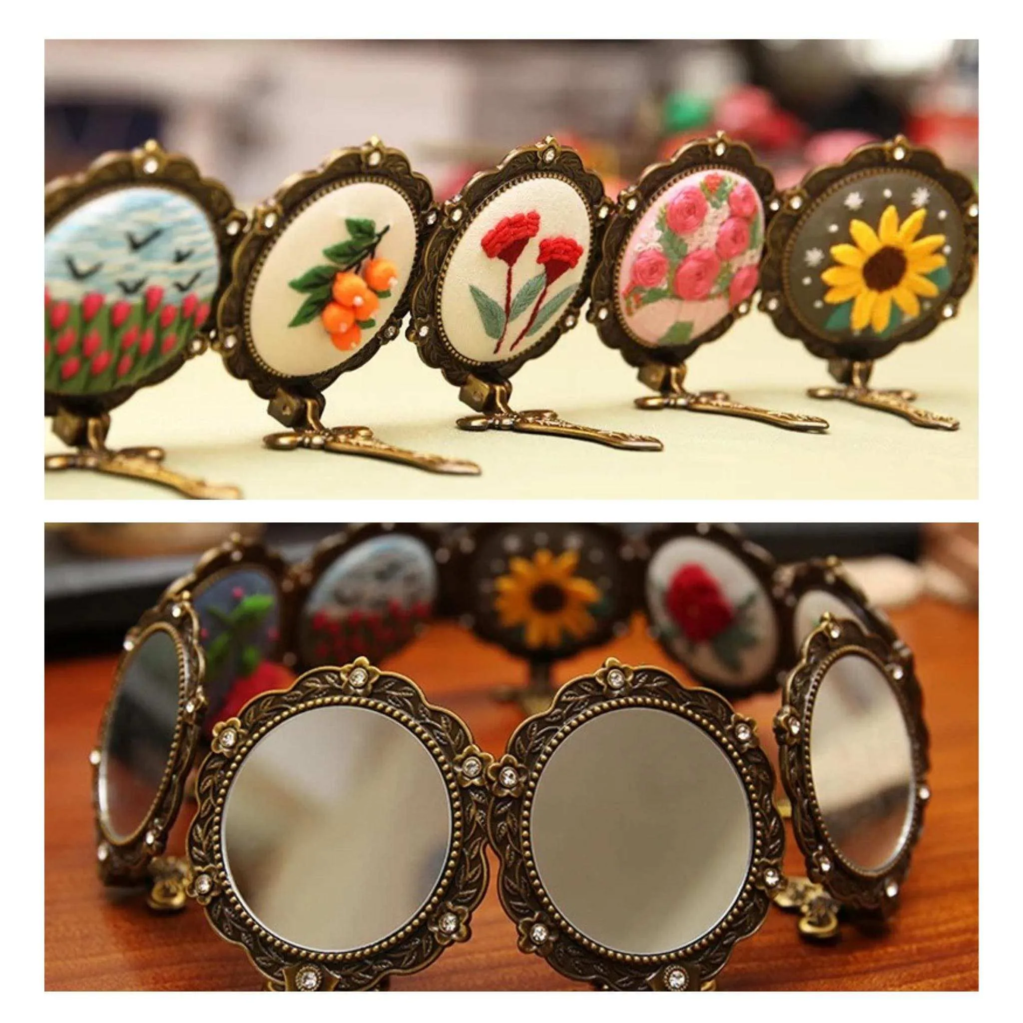 Hand Mirror Embroidery Kits DIY Beginner Embroidery Kit Adults Antique Effect Mirror Cross Stitch Craft Gift Idea