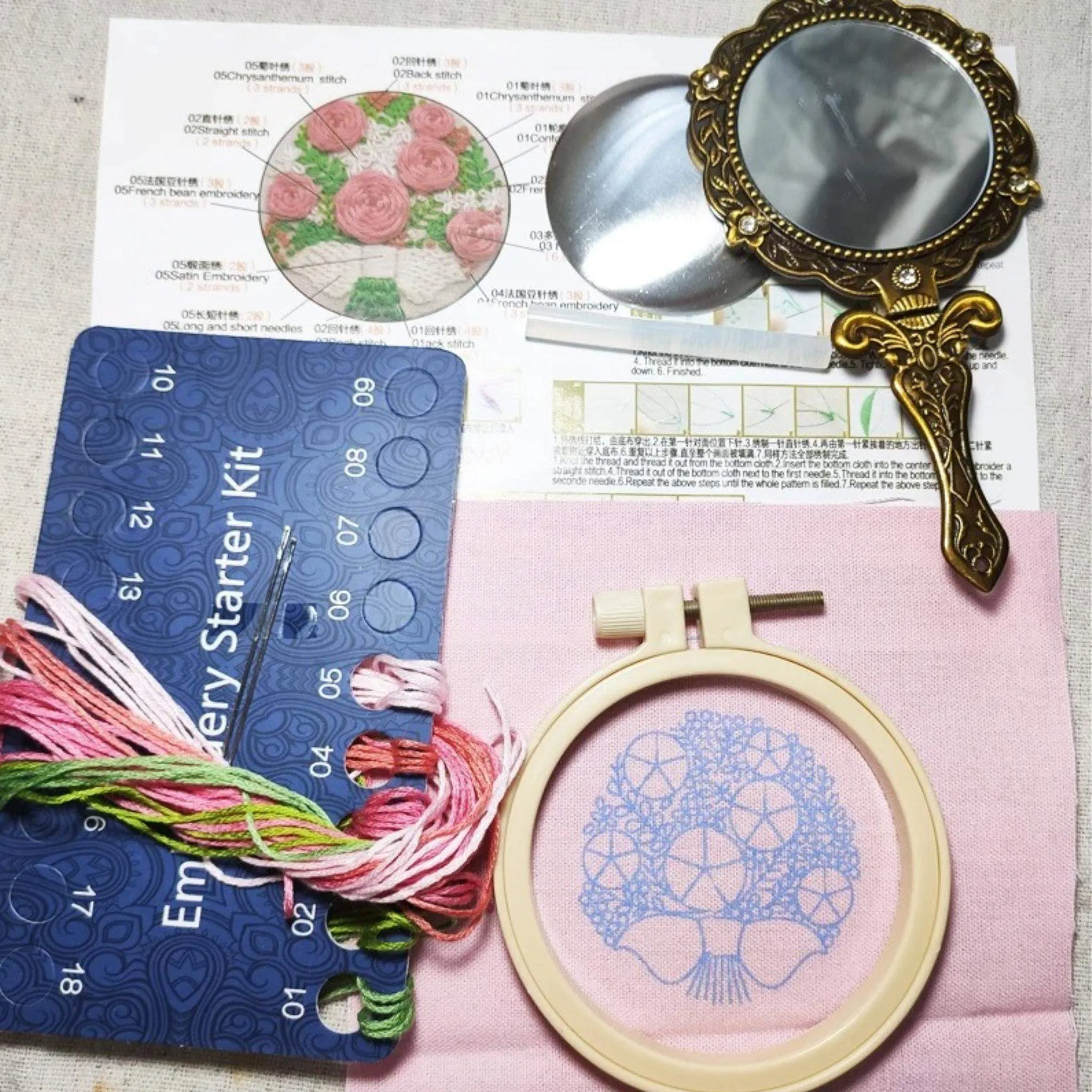 Hand Mirror Embroidery Kits DIY Beginner Embroidery Kit Adults Antique Effect Mirror Cross Stitch Craft Gift Idea