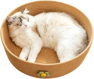 Handwoven Cotton Rope Cat Bed for All Seasons Cat Hammock Foldable Sleeping Nest Basket Handmade Natural Cradle Scratcher Cuddler for Kitten Cute Style (Large,Brown)