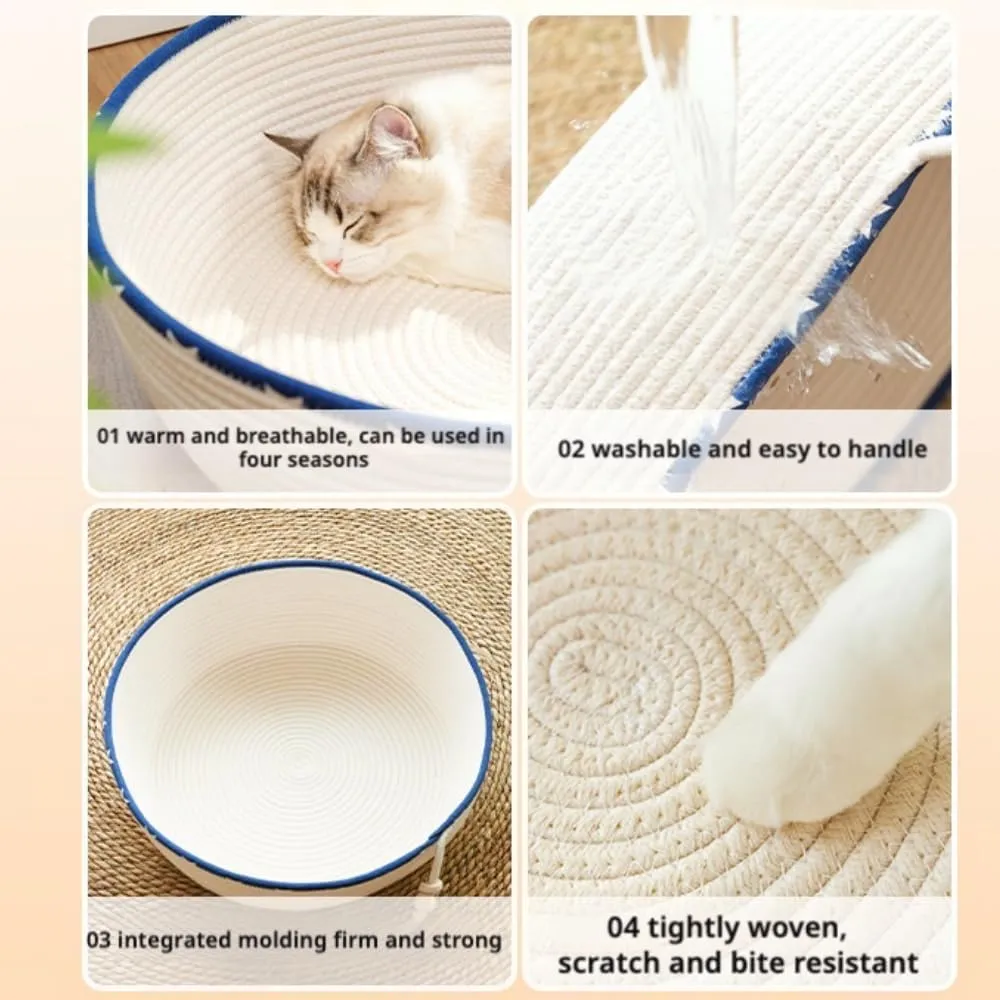 Handwoven Cotton Rope Cat Bed for All Seasons Cat Hammock Foldable Sleeping Nest Basket Handmade Natural Cradle Scratcher Cuddler for Kitten Cute Style (Large,Brown)