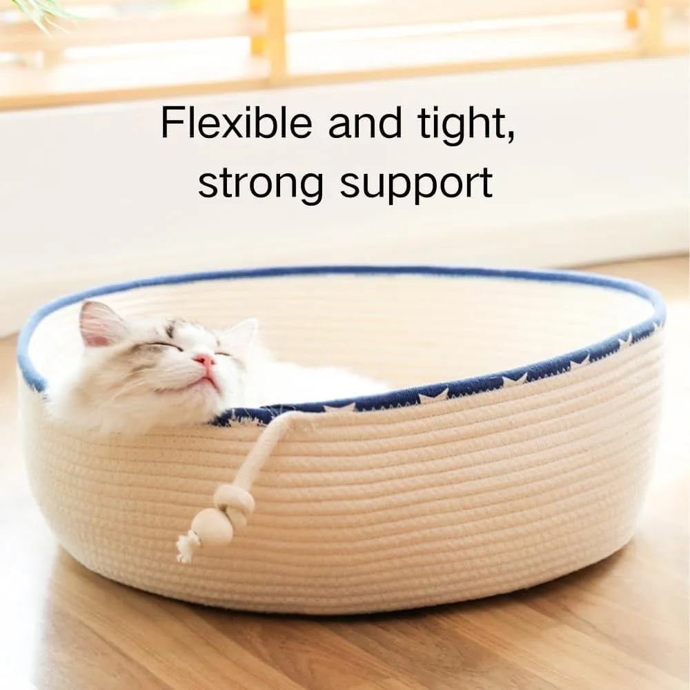 Handwoven Cotton Rope Cat Bed for All Seasons Cat Hammock Foldable Sleeping Nest Basket Handmade Natural Cradle Scratcher Cuddler for Kitten Cute Style (Large,Brown)