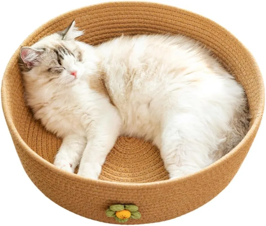 Handwoven Cotton Rope Cat Bed for All Seasons Cat Hammock Foldable Sleeping Nest Basket Handmade Natural Cradle Scratcher Cuddler for Kitten Cute Style (Large,Brown)