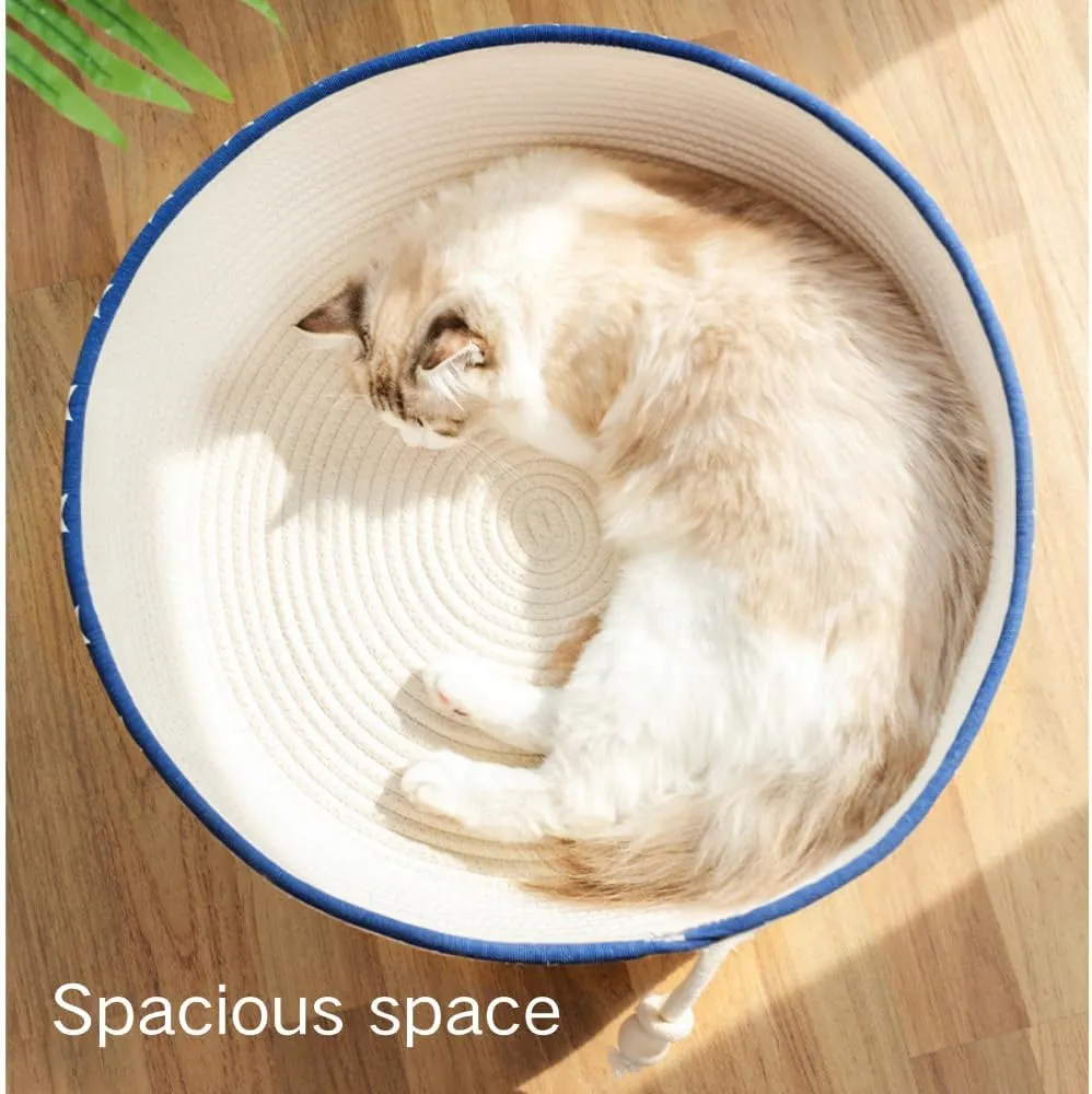 Handwoven Cotton Rope Cat Bed for All Seasons Cat Hammock Foldable Sleeping Nest Basket Handmade Natural Cradle Scratcher Cuddler for Kitten Cute Style (Large,Brown)