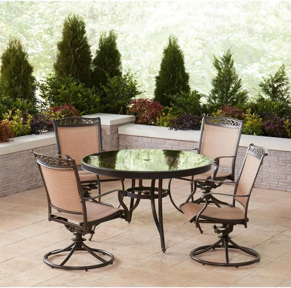 Hanover Fontana 5-Piece Outdoor Dining Set with Tan PVC Sling Swivel Rocker Chairs and 47" Round Glass-Top Outdoor Table, Patio Dining Set for 4, Weather Resistant Patio Furniture for Backyard & Deck