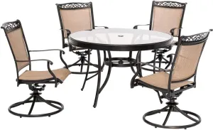 Hanover Fontana 5-Piece Outdoor Dining Set with Tan PVC Sling Swivel Rocker Chairs and 47" Round Glass-Top Outdoor Table, Patio Dining Set for 4, Weather Resistant Patio Furniture for Backyard & Deck