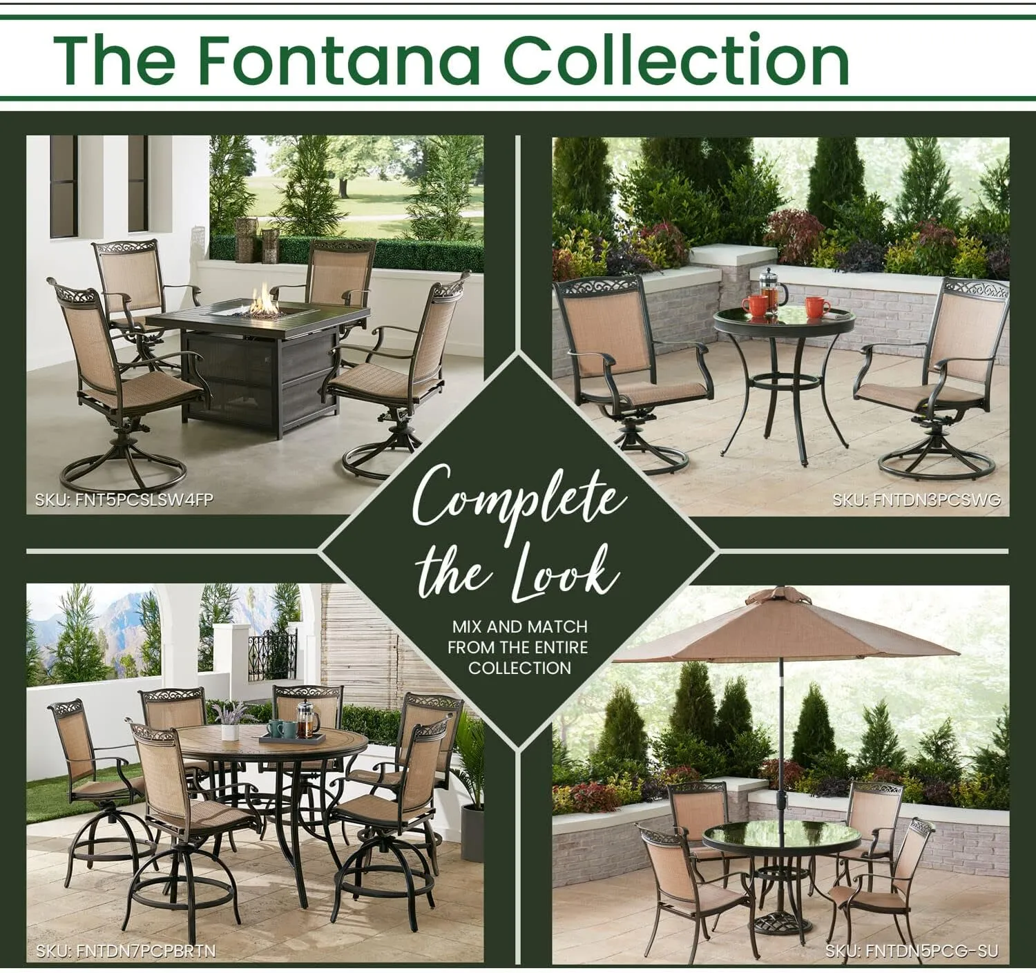 Hanover Fontana 5-Piece Outdoor Dining Set with Tan PVC Sling Swivel Rocker Chairs and 47" Round Glass-Top Outdoor Table, Patio Dining Set for 4, Weather Resistant Patio Furniture for Backyard & Deck