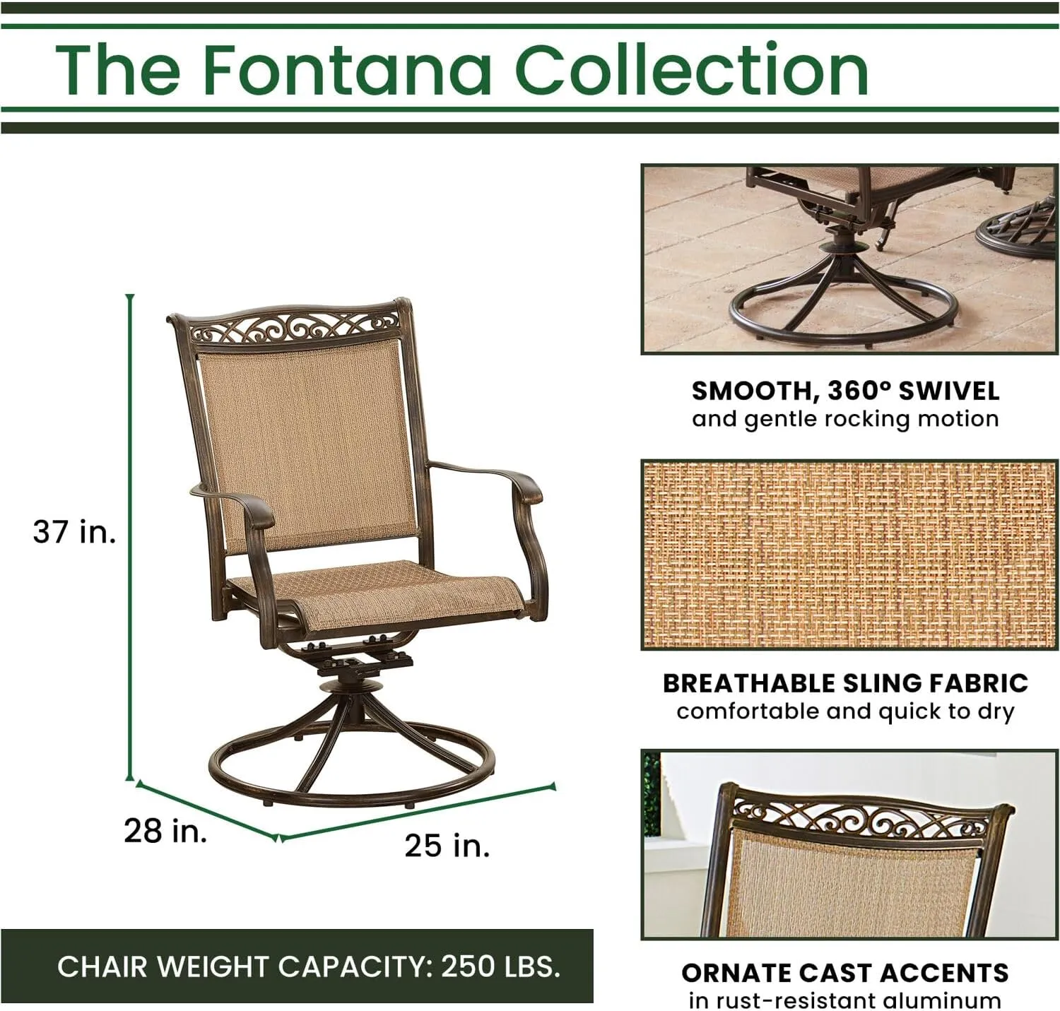 Hanover Fontana 5-Piece Outdoor Dining Set with Tan PVC Sling Swivel Rocker Chairs and 47" Round Glass-Top Outdoor Table, Patio Dining Set for 4, Weather Resistant Patio Furniture for Backyard & Deck