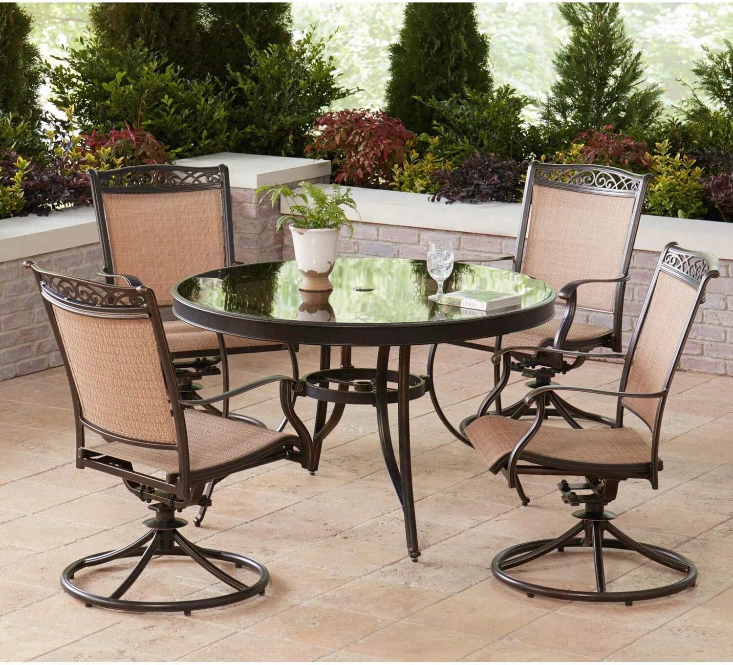 Hanover Fontana 5-Piece Outdoor Dining Set with Tan PVC Sling Swivel Rocker Chairs and 47" Round Glass-Top Outdoor Table, Patio Dining Set for 4, Weather Resistant Patio Furniture for Backyard & Deck