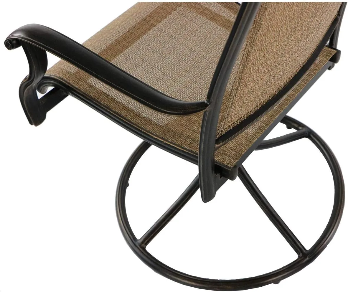 Hanover Fontana 5-Piece Outdoor Dining Set with Tan PVC Sling Swivel Rocker Chairs and 47" Round Glass-Top Outdoor Table, Patio Dining Set for 4, Weather Resistant Patio Furniture for Backyard & Deck