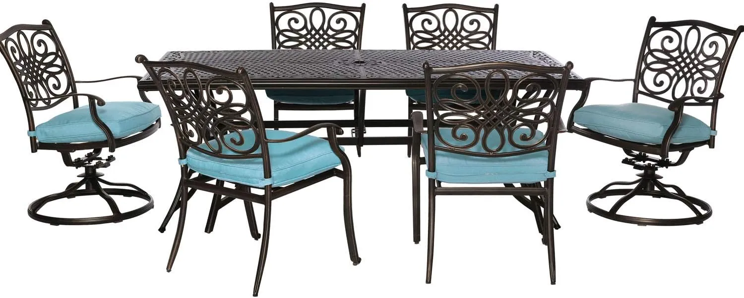 Hanover Traditions 7-Piece Outdoor Dining Set with Rust-Resistant Aluminum Dining Table, 4 Elegant Dining Chairs and 2 Swivel Rockers with Blue Cushions, Patio Dining Set for 6