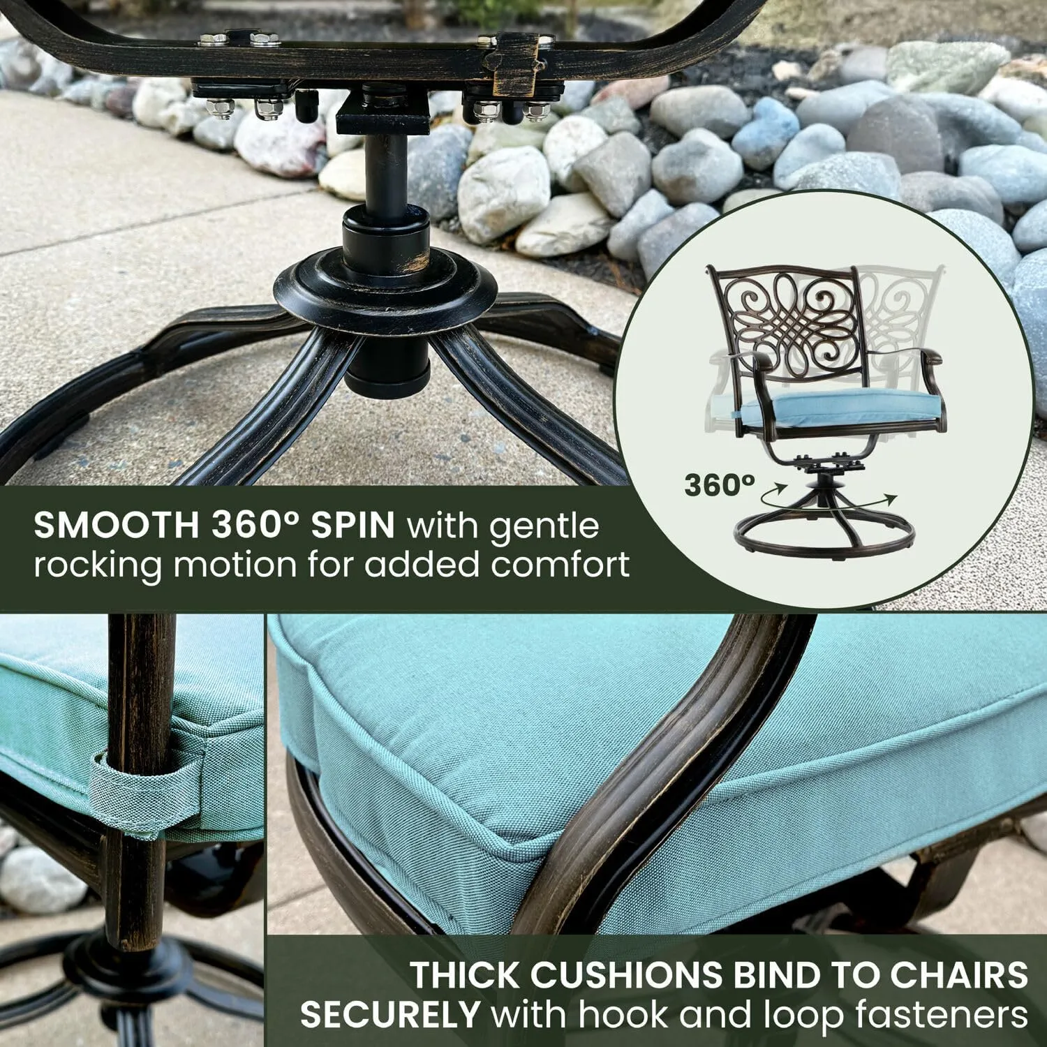 Hanover Traditions 7-Piece Outdoor Dining Set with Rust-Resistant Aluminum Dining Table, 4 Elegant Dining Chairs and 2 Swivel Rockers with Blue Cushions, Patio Dining Set for 6