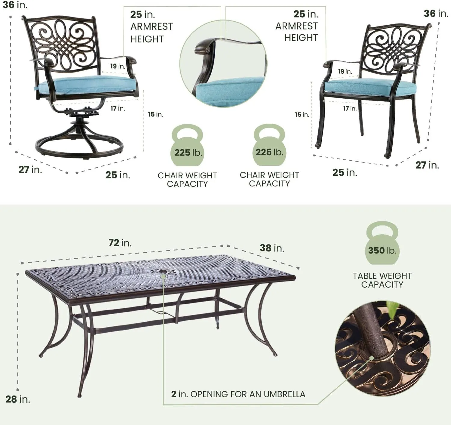 Hanover Traditions 7-Piece Outdoor Dining Set with Rust-Resistant Aluminum Dining Table, 4 Elegant Dining Chairs and 2 Swivel Rockers with Blue Cushions, Patio Dining Set for 6