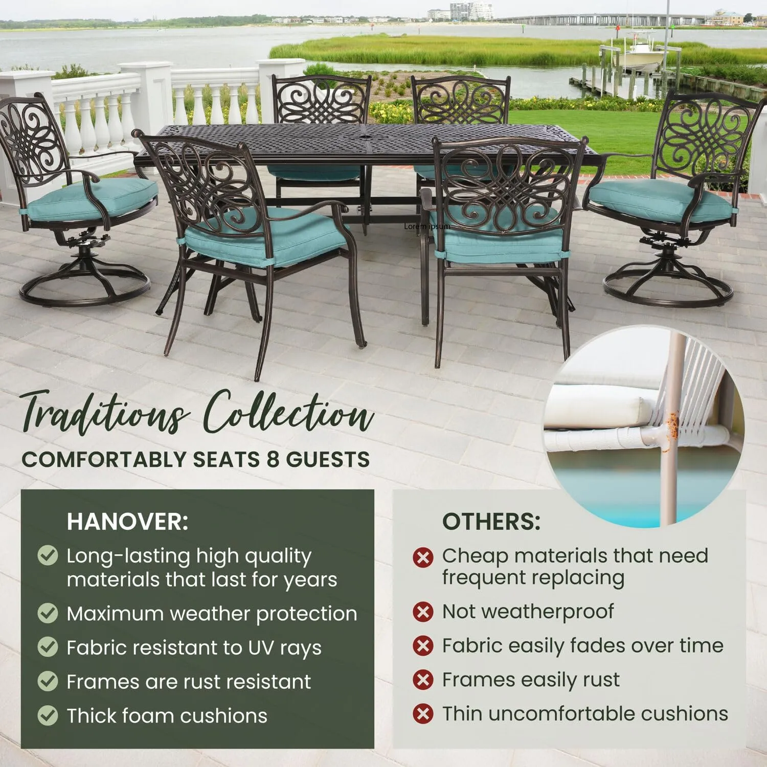 Hanover Traditions 7-Piece Outdoor Dining Set with Rust-Resistant Aluminum Dining Table, 4 Elegant Dining Chairs and 2 Swivel Rockers with Blue Cushions, Patio Dining Set for 6