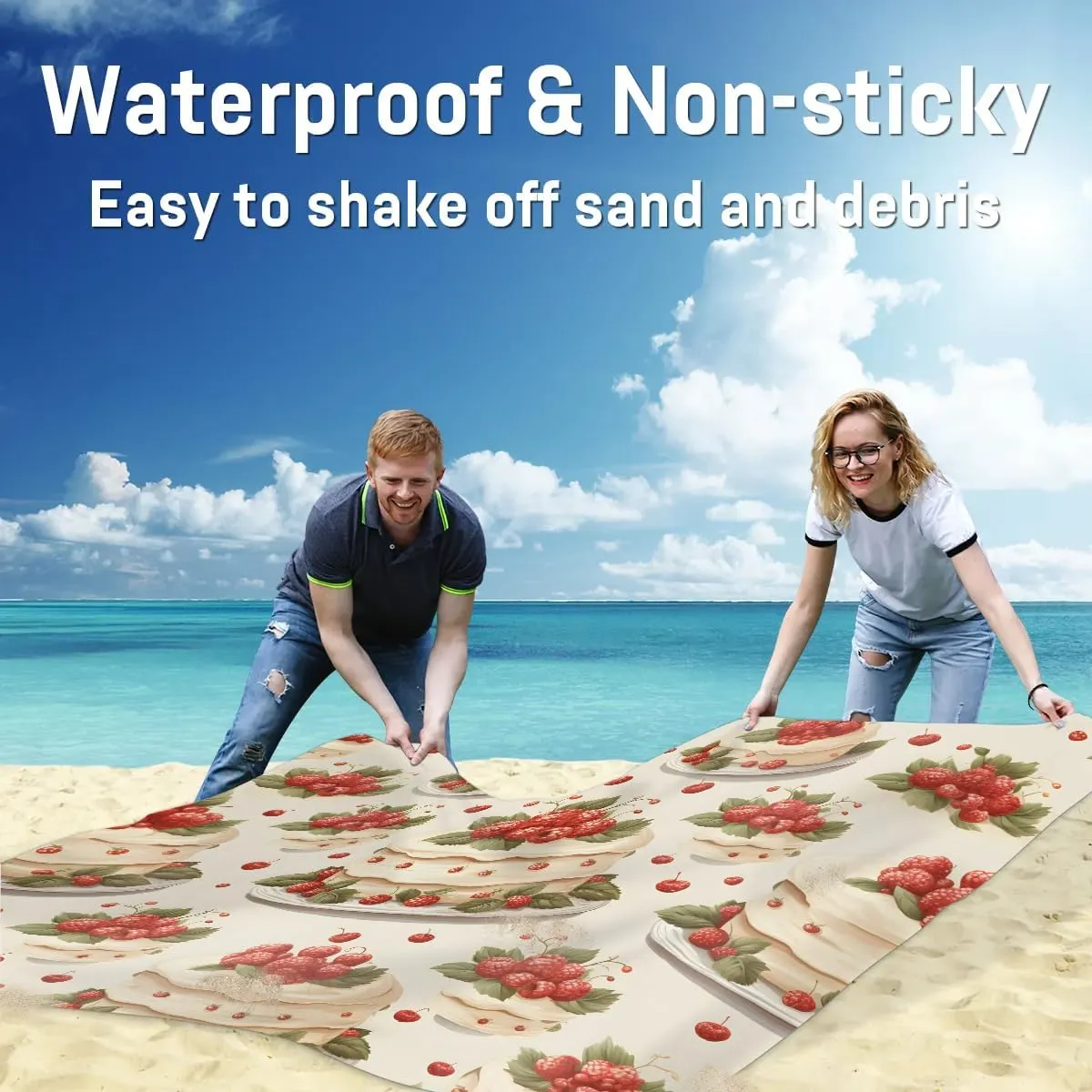 Happy Birthday Cake Colorful Beach Blanket, Sandproof Beach Mat, 68 x 59 Waterproof Quick Drying Sand Free Mat with 4 x Ground Spikes for Outdoor Travel Camping Hiking, Birthday Cake